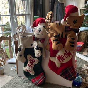 Set of #2 VINTAGE Dog & Cat Pet X-mas Stockings